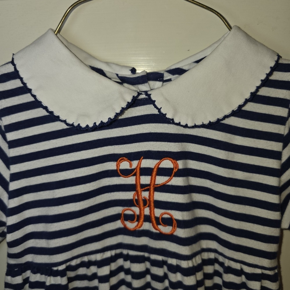 Emma Blake Smocks Size 9 Mo Blue & White Striped Romper, Orange Embroidered "H" - Picture 4 of 10